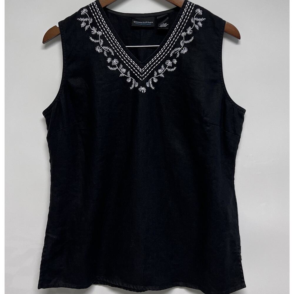 Black 100% Linen White Embroidery Sleeveless Top Medium Boho Lagenlook Timeless